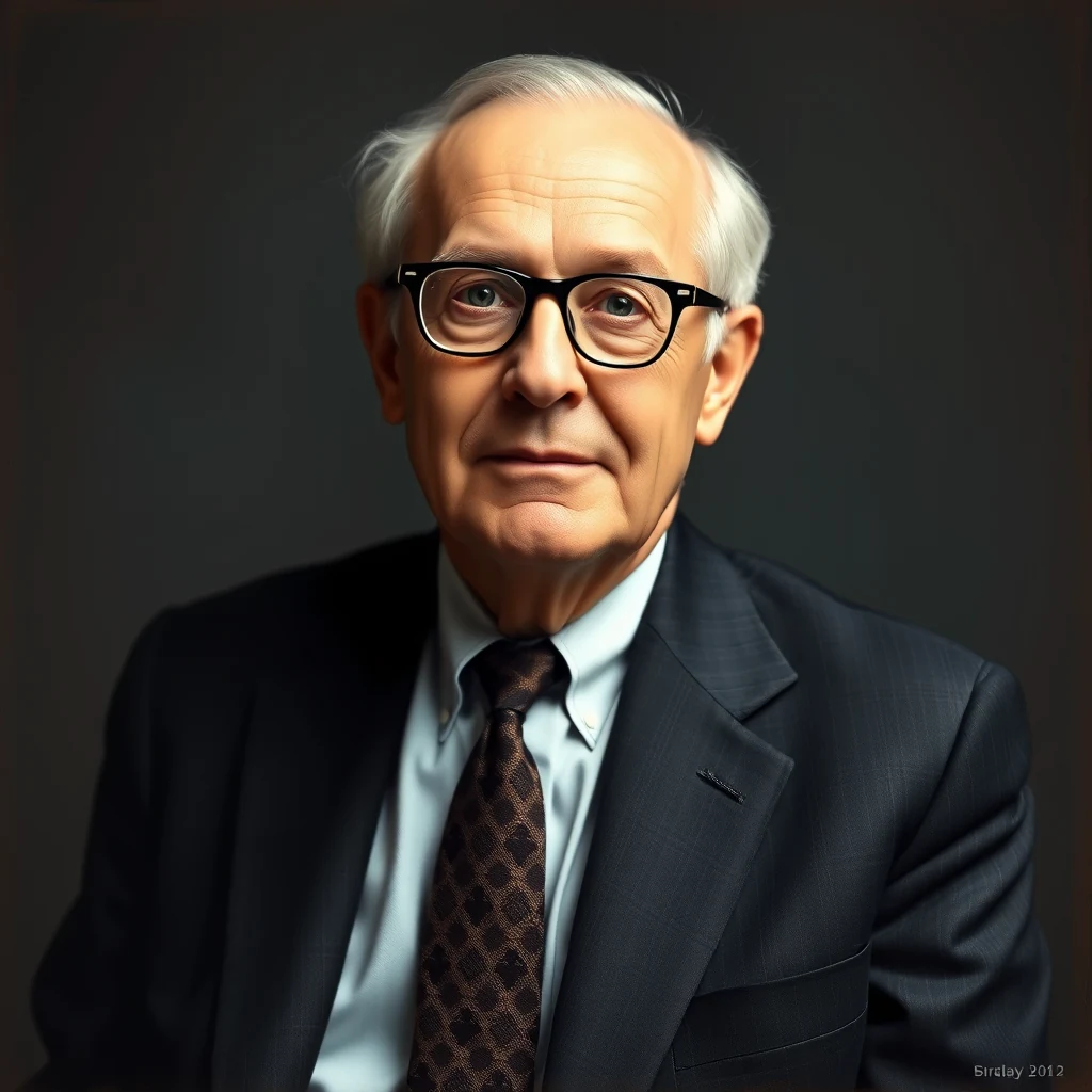 A man with white hair and glasses wears a dark suit, light blue shirt, and patterned tie, set against a dark background.