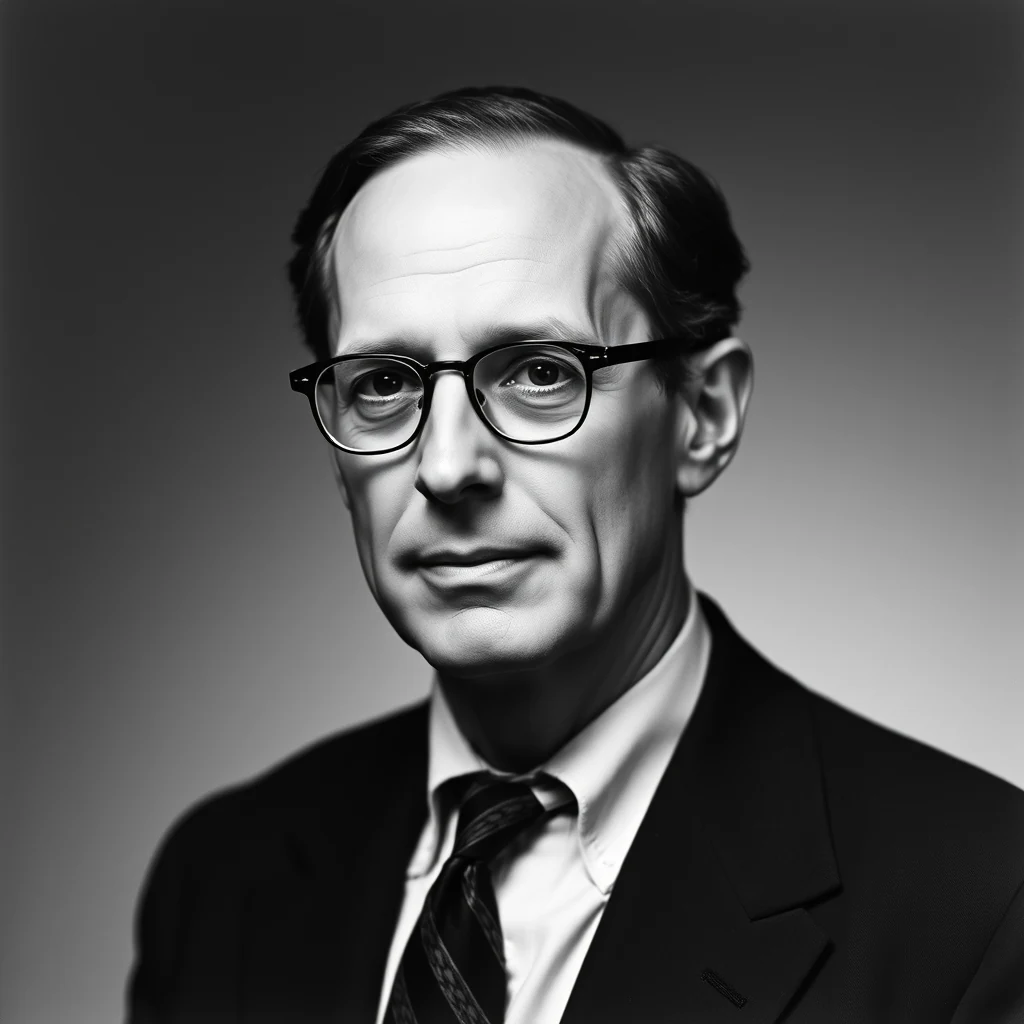 A black-and-white portrait of Charles Townes, wearing glasses and a suit, with a neutral background.