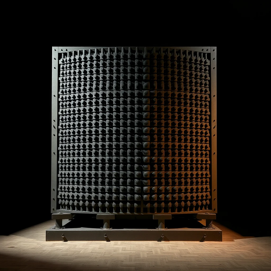 A large, rectangular structure with a grid of protruding elements stands on a wooden floor, illuminated by spotlights against a dark background.