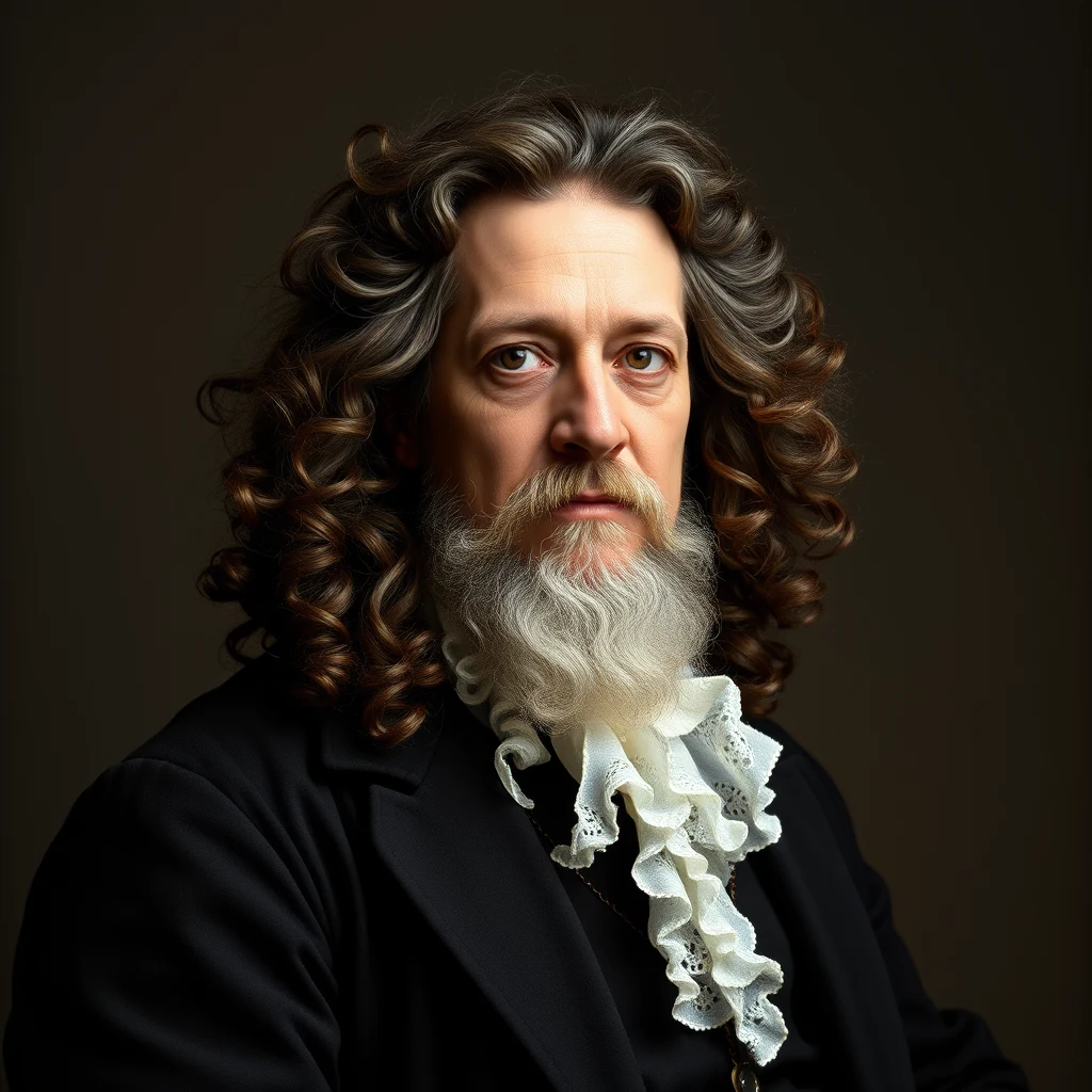 A portrait of Christiaan Huygens, a Dutch mathematician and astronomer from the 17th century, wearing a black coat with a white lace collar and long, curly hair.