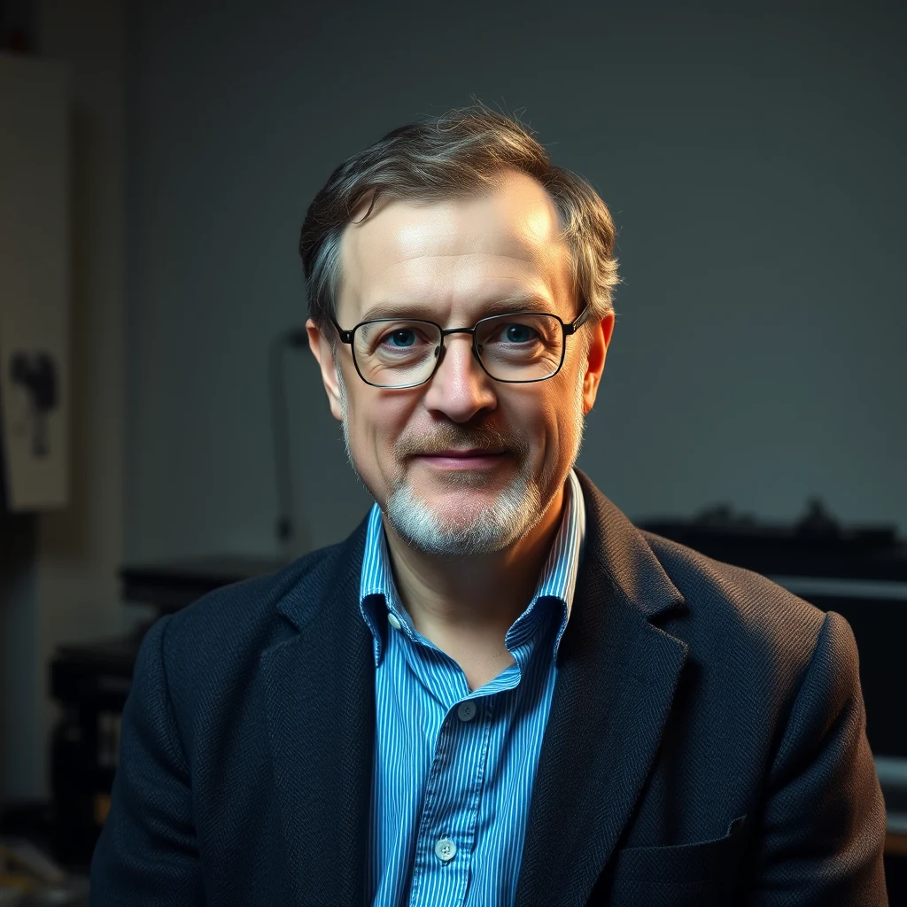 A man wearing glasses and a dark blazer over a blue striped shirt smiles softly against a neutral background.