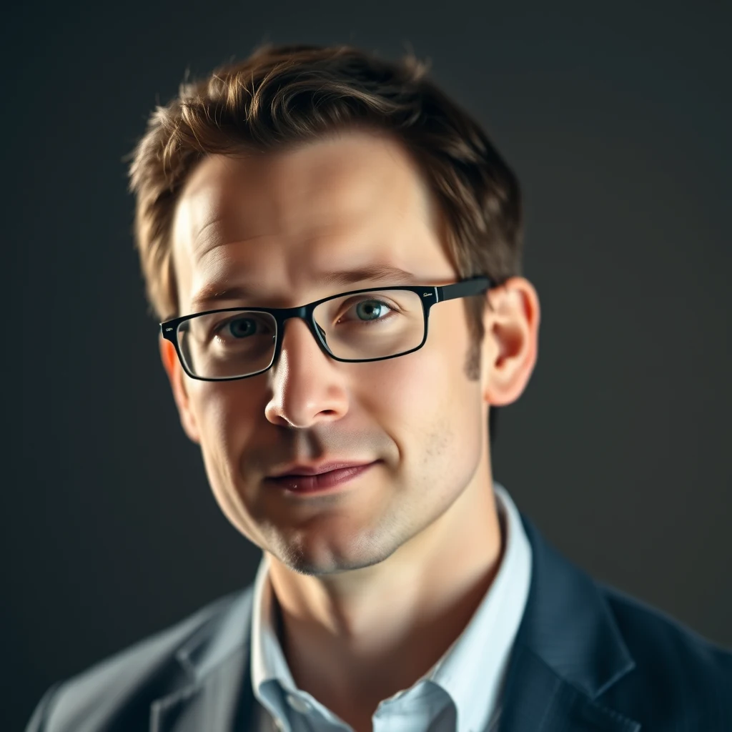 A man wearing glasses and a suit jacket stands against a dark background, looking directly at the camera.