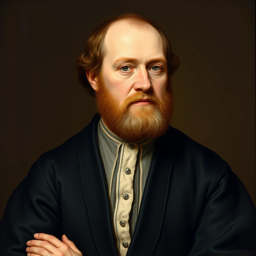 A portrait depicts a man with reddish-brown hair and a beard, wearing a dark robe over a light-colored shirt with buttons, set against a dark background.