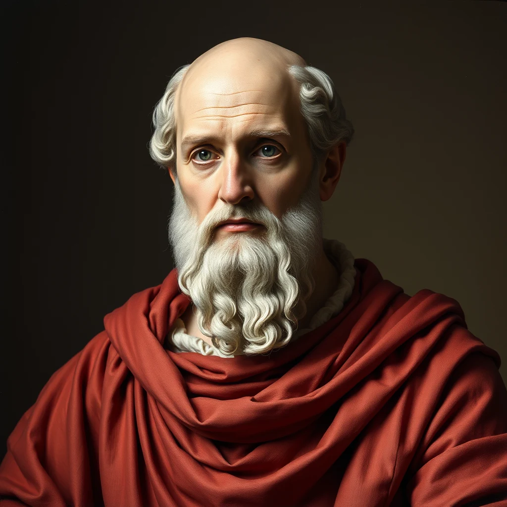 A portrait of Cicero, wearing a red toga, with a contemplative expression and flowing white hair and beard.