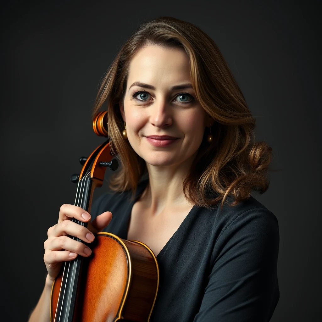 Claudia Fritz holds a violin, dressed in a dark top, with a warm smile and elegant hairstyle, against a dark background.
