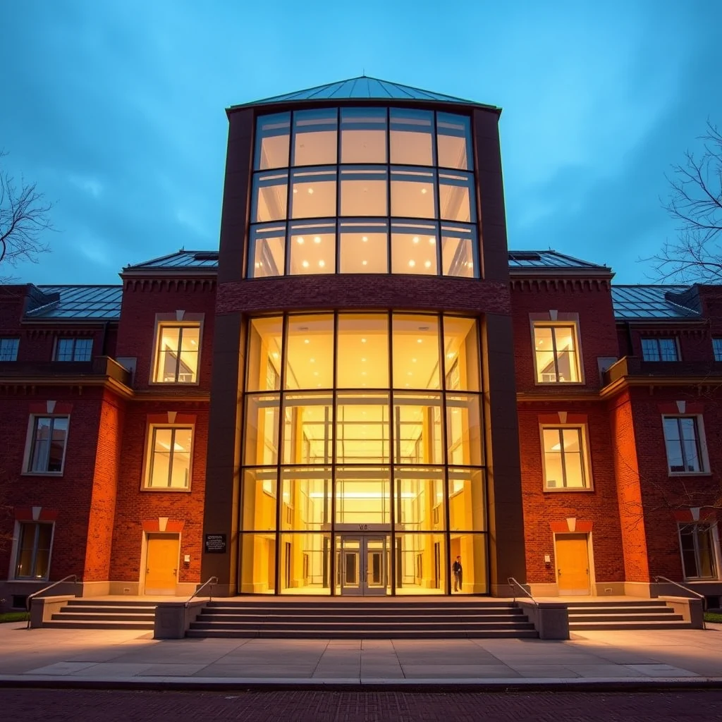 A modern building with a glass dome and illuminated interior stands prominently against a twilight sky, showcasing the Clay Mathematics Institute's entrance.