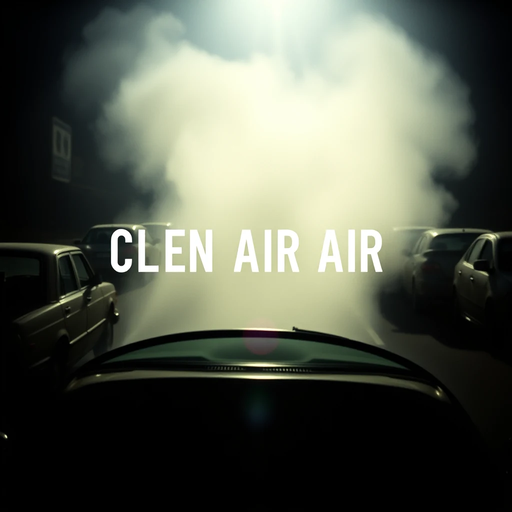 A car's exhaust emits a cloud of smoke, with the words "CLEAN AIR" prominently displayed above it, symbolizing the Clean Air Act's impact on vehicle emissions.