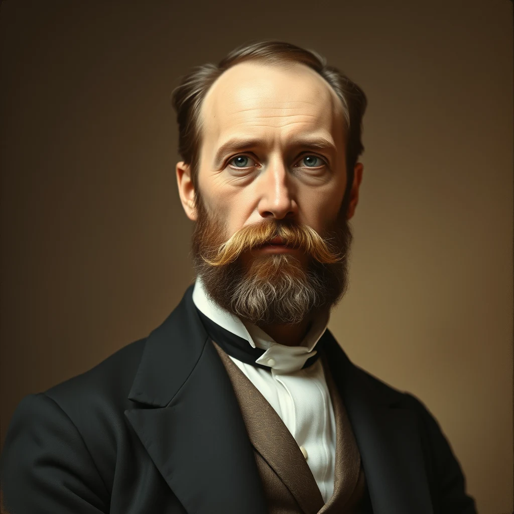A man with a neatly groomed beard and mustache, dressed in formal attire, stands against a warm-toned background, exuding an air of scholarly respectability.