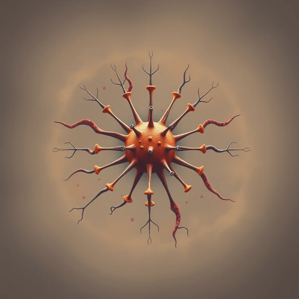 A detailed illustration of a virus with numerous protruding tendrils, symbolizing the clonal selection process in acquired immunity.