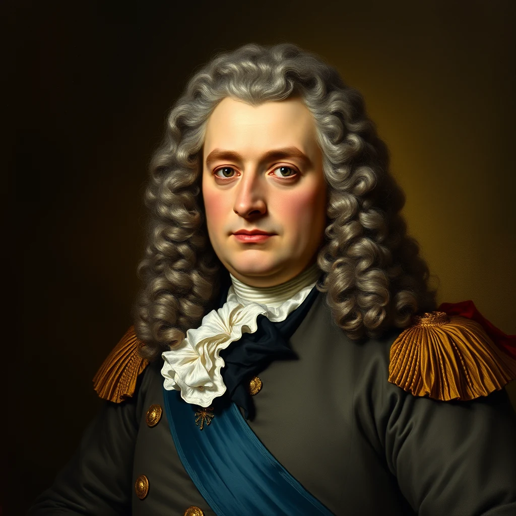 A portrait depicts a man with long, curly gray hair wearing a dark military uniform adorned with gold epaulets and a blue sash, symbolizing his rank and achievements as an English admiral during the 18th century.