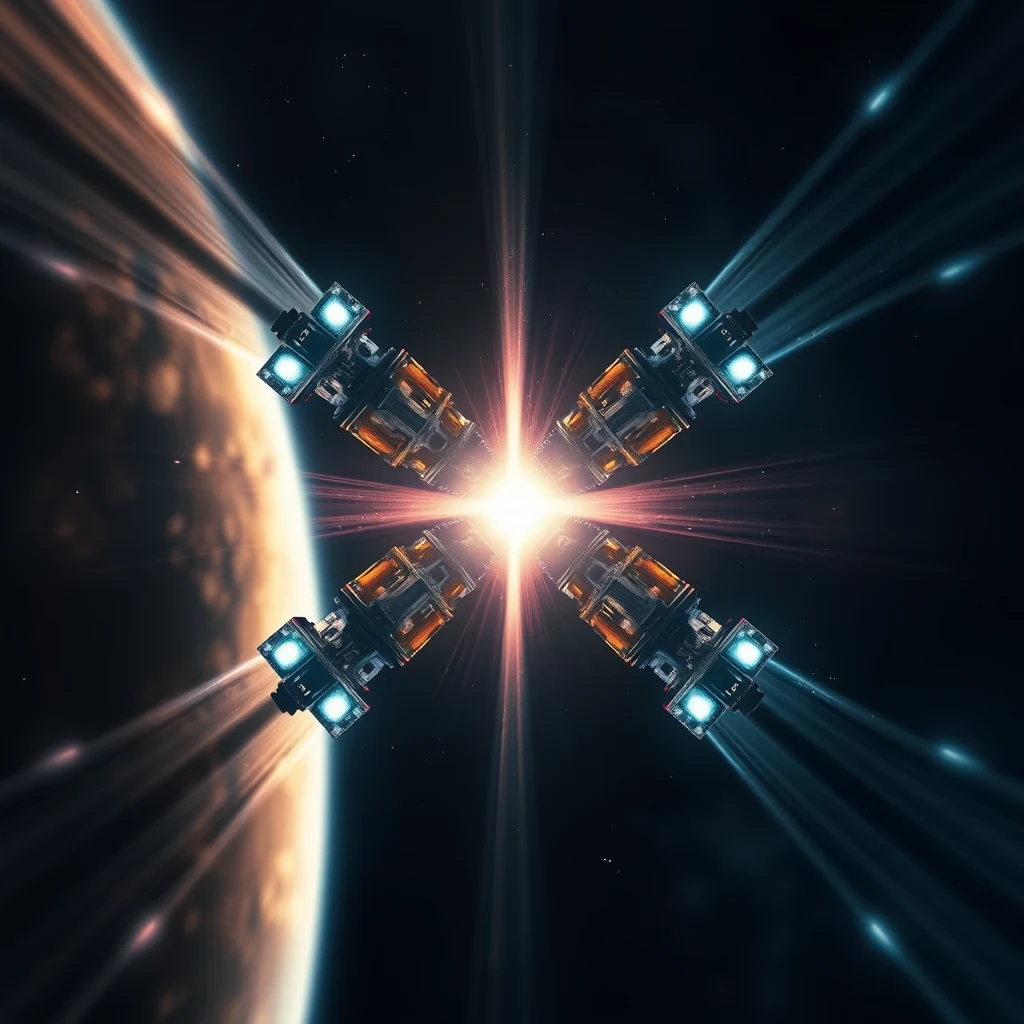 Four identical satellites form a tetrahedral cluster, emitting beams of light as they orbit near a planet, demonstrating advanced space technology for scientific research.