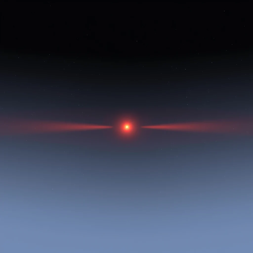 A glowing red star with two faint, reddish beams extending outward against a gradient blue sky, symbolizing the cosmic microwave background radiation.