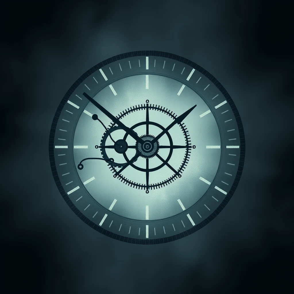 A clock face with a co-axial escapement design, featuring two escape wheels and radial impulse surfaces, symbolizing the concept of a lever-derived escapement invented by George Daniels in 1976 and first produced industrially by Omega in 1999.