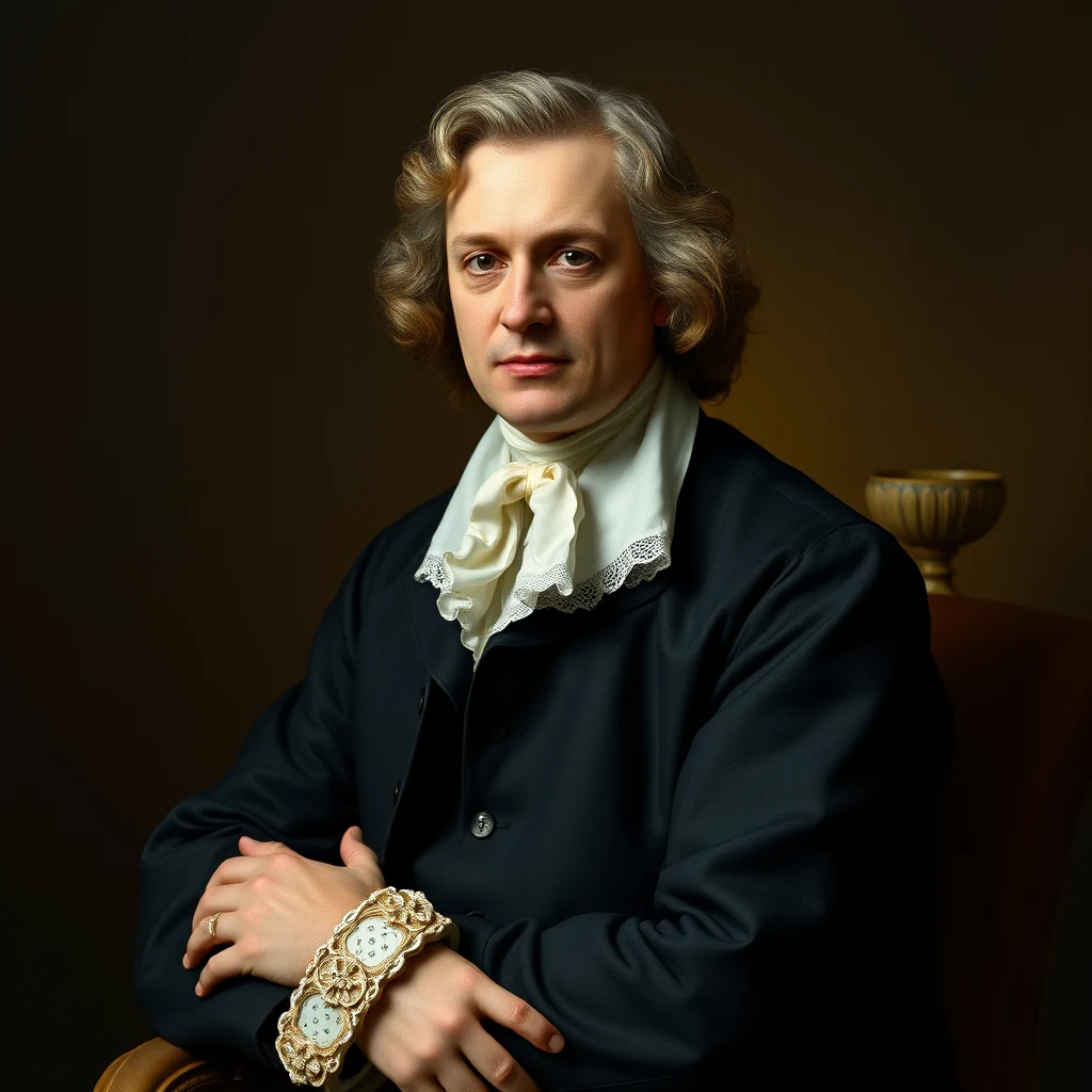 A person dressed in historical attire with a white cravat and a dark coat, adorned with a gold watch, sits in a chair against a dark background.