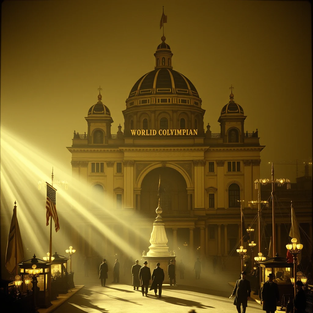 A grand, sunlit building with a prominent dome and the words "WORLD COLVIMPIAN" above an archway stands at the center of a bustling fairground, with people in period attire walking around, illuminated by warm sunlight streaming through the misty air.