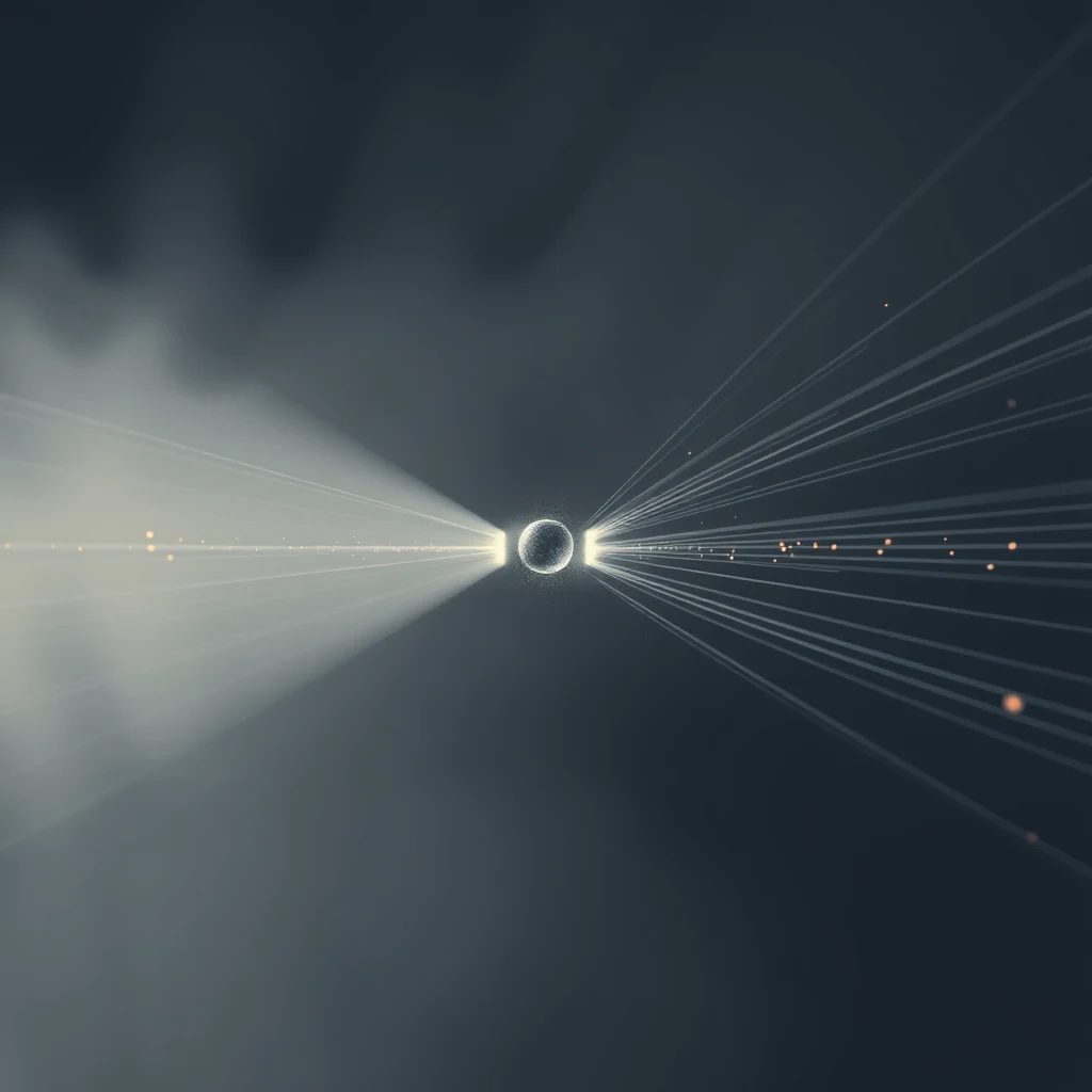 A central sphere emits light rays that diverge into two distinct beams, one bright and one dim, symbolizing the concept of Compton scattering where X-rays interact with matter to produce scattered photons at different frequencies.