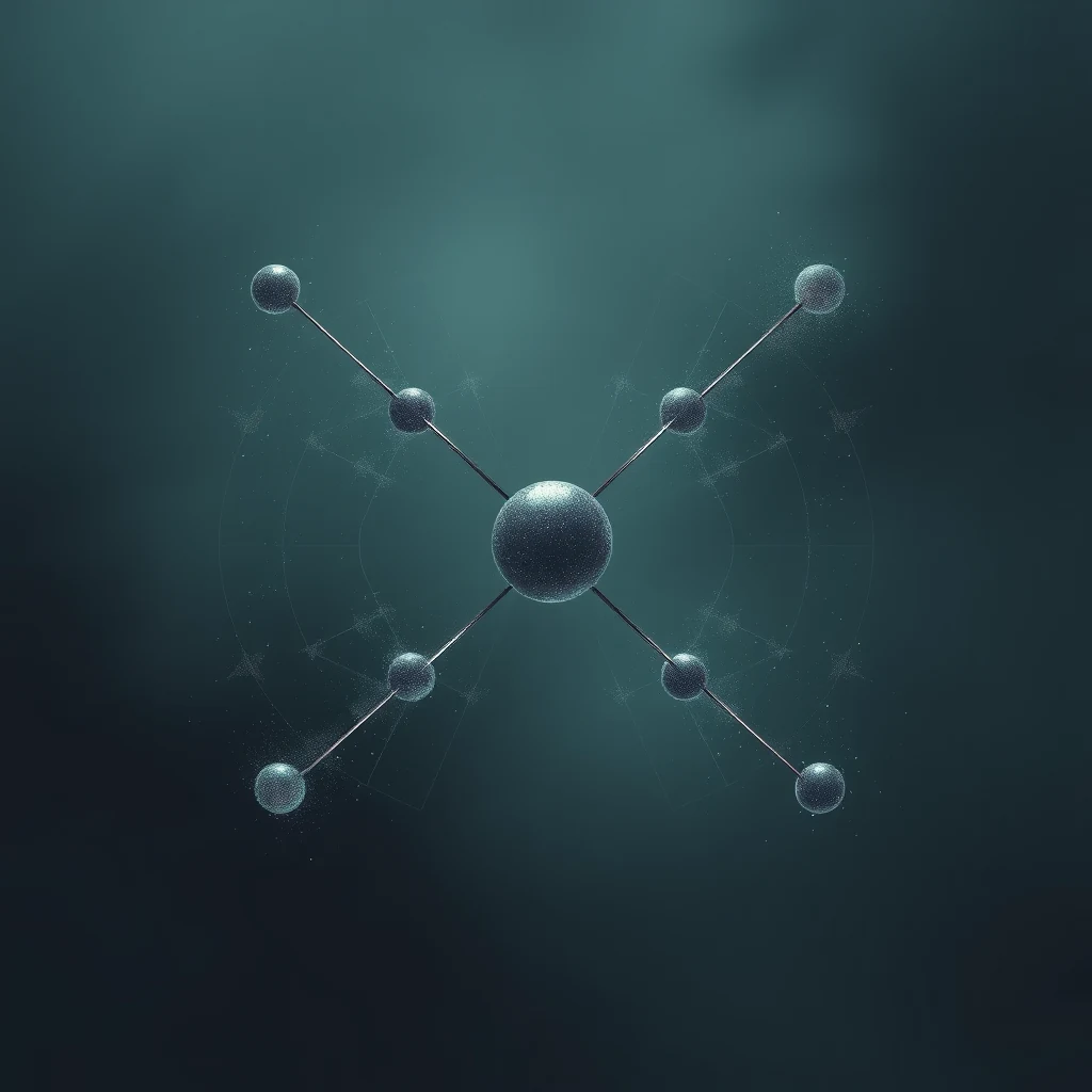 A molecular structure resembling a Cooper pair, with six spheres connected by lines, symbolizing the weak binding of two electrons at low temperatures within a metal lattice.