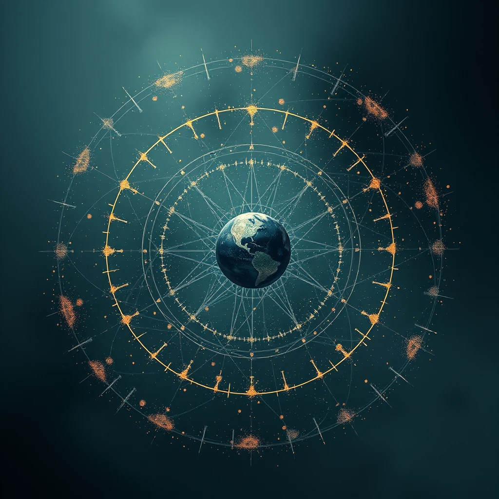 A depiction of the Copenhagen interpretation of quantum mechanics, featuring a central Earth-like sphere surrounded by concentric rings of interconnected lines and particles, symbolizing the probabilistic nature of quantum states.