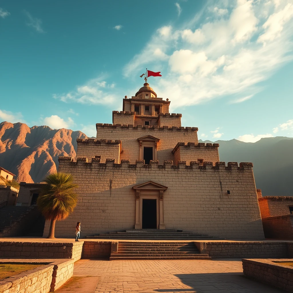 A grand stone temple with a red flag atop its dome stands majestically against a backdrop of rugged mountains under a clear blue sky.