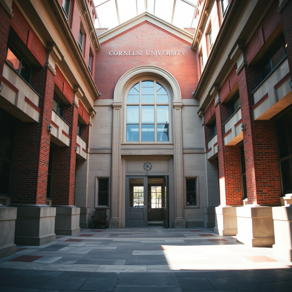 A grand entrance to Cornell University features a large arched window above a double door, with the university's name prominently displayed above the arch.