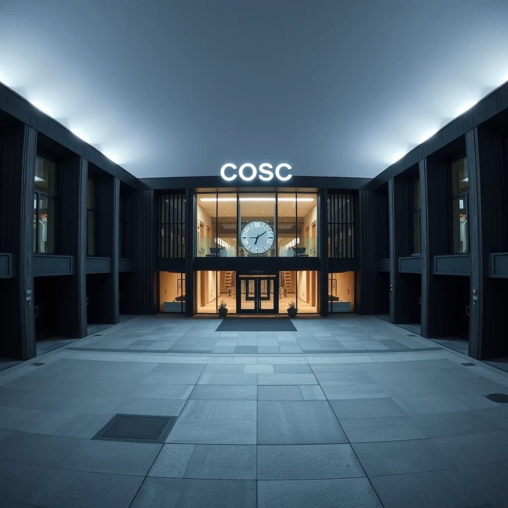 The entrance to COSC, the Swiss federal body responsible for certifying watch movements as chronometers, is illuminated at night with a large clock prominently displayed above the entrance.