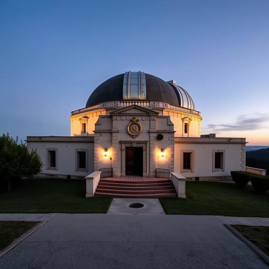 A grand white building with a large dome and illuminated steps stands prominently against a twilight sky, representing the Côte d'Azur Observatory.