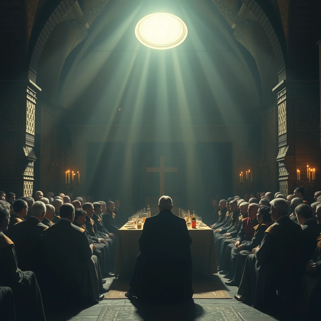 A group of men in formal attire sits around a table in a dimly lit room with a large cross on the wall, illuminated by beams of light from above, evoking the historical setting of the Council of Nicaea.