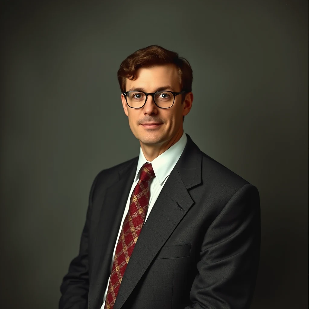 A man wearing glasses, a dark suit, white shirt, and a red plaid tie stands against a neutral background.