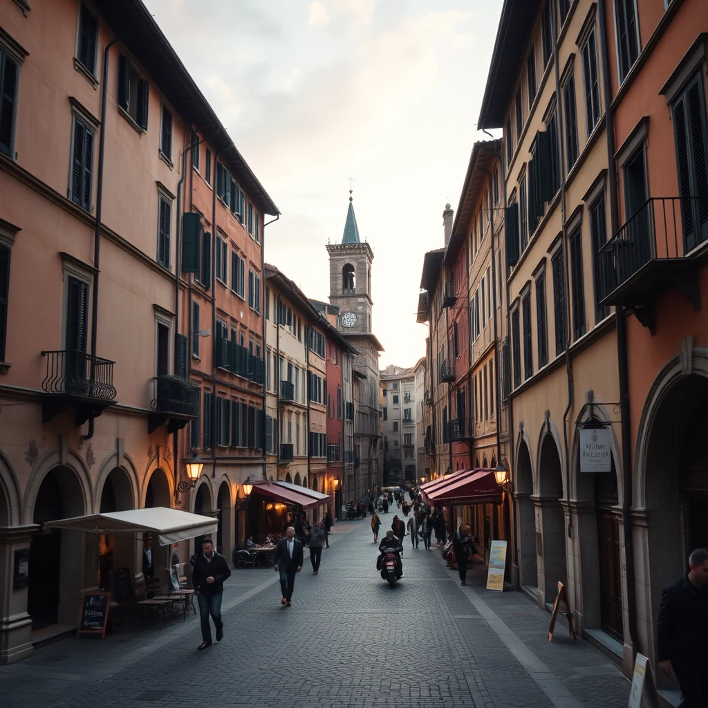 A cobblestone street in Cremona, a Lombard town on the Po River, lined with historic buildings and a clock tower in the distance.