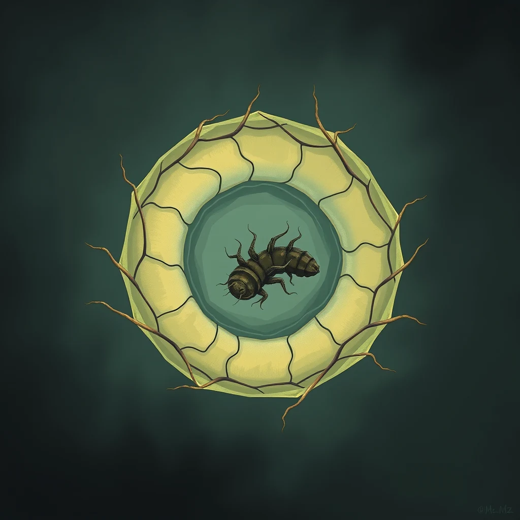 A tardigrade curled into a protective state within a cracked, yellowish sphere, symbolizing cryptobiosis, a state where an organism's metabolism slows to near-stasis.