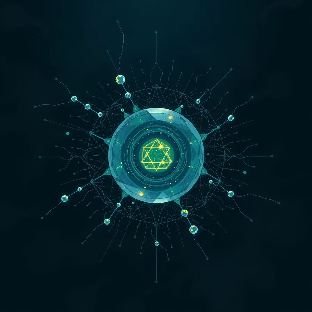 A glowing, intricate design featuring a central hexagonal pattern surrounded by radiating lines and small spheres, symbolizing the concept of cryptochrome, a light-sensitive protein involved in regulating circadian rhythms.