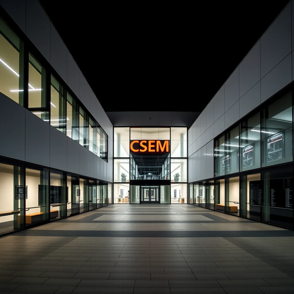 A modern building with glass walls and a prominent orange sign reading "CSEM" stands illuminated at night, showcasing its sleek architectural design and the interior's warm lighting.