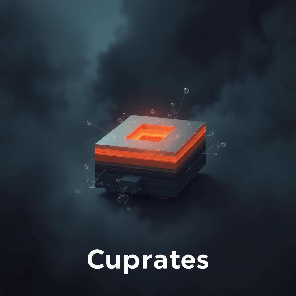 A layered cube with an orange core and dark outer layers, surrounded by molecular structures, symbolizes cuprates, a class of superconducting ceramic materials discovered in the 1980s.