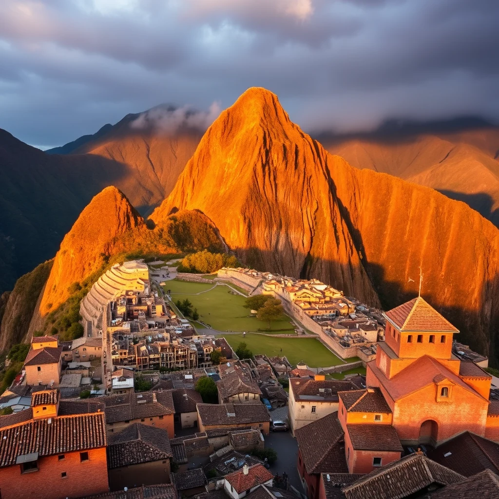 The sun casts a warm glow over the ancient ruins and modern buildings of Cusco, nestled at 3,400 meters in the Peruvian Andes, showcasing its historical significance and architectural beauty.