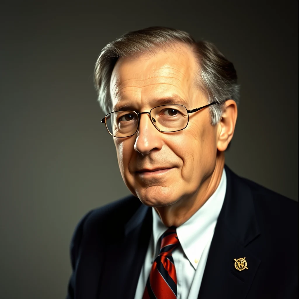 Daniel Goldin, wearing glasses, a suit, and a red tie with a NASA pin, stands against a dark background.