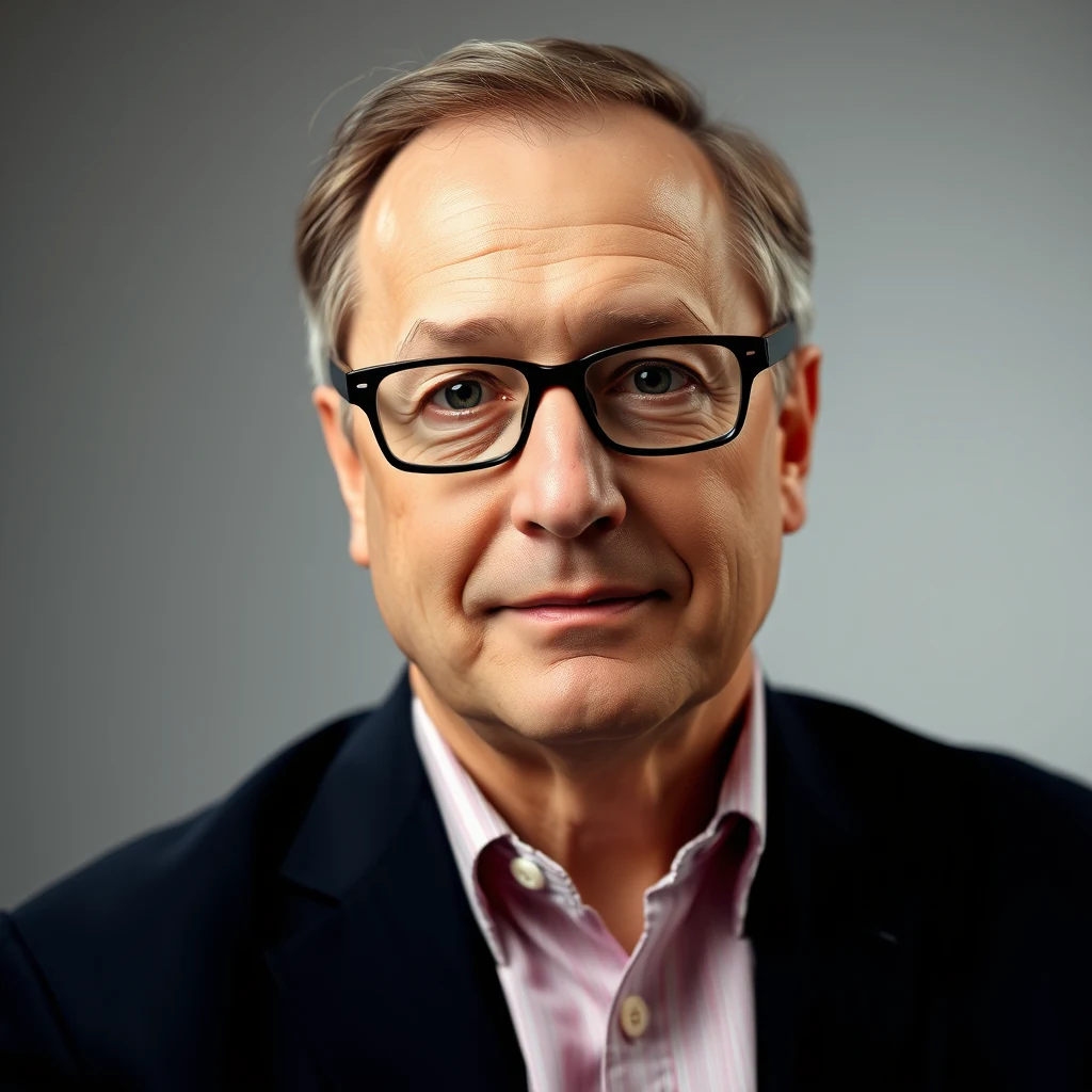A man with short, light brown hair and black-rimmed glasses is wearing a dark suit jacket over a pink striped shirt.