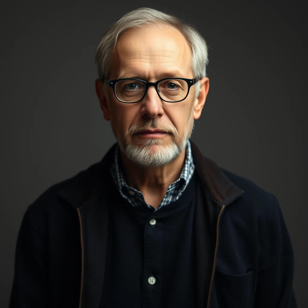 A man with gray hair and glasses wears a dark jacket over a plaid shirt, set against a neutral background.