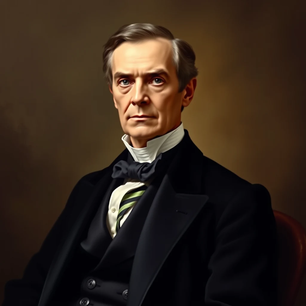 Daniel Webster, dressed in formal attire with a black coat, white shirt, green-striped tie, and a dark bow tie, sits against a dark background, exuding an air of gravitas and authority.