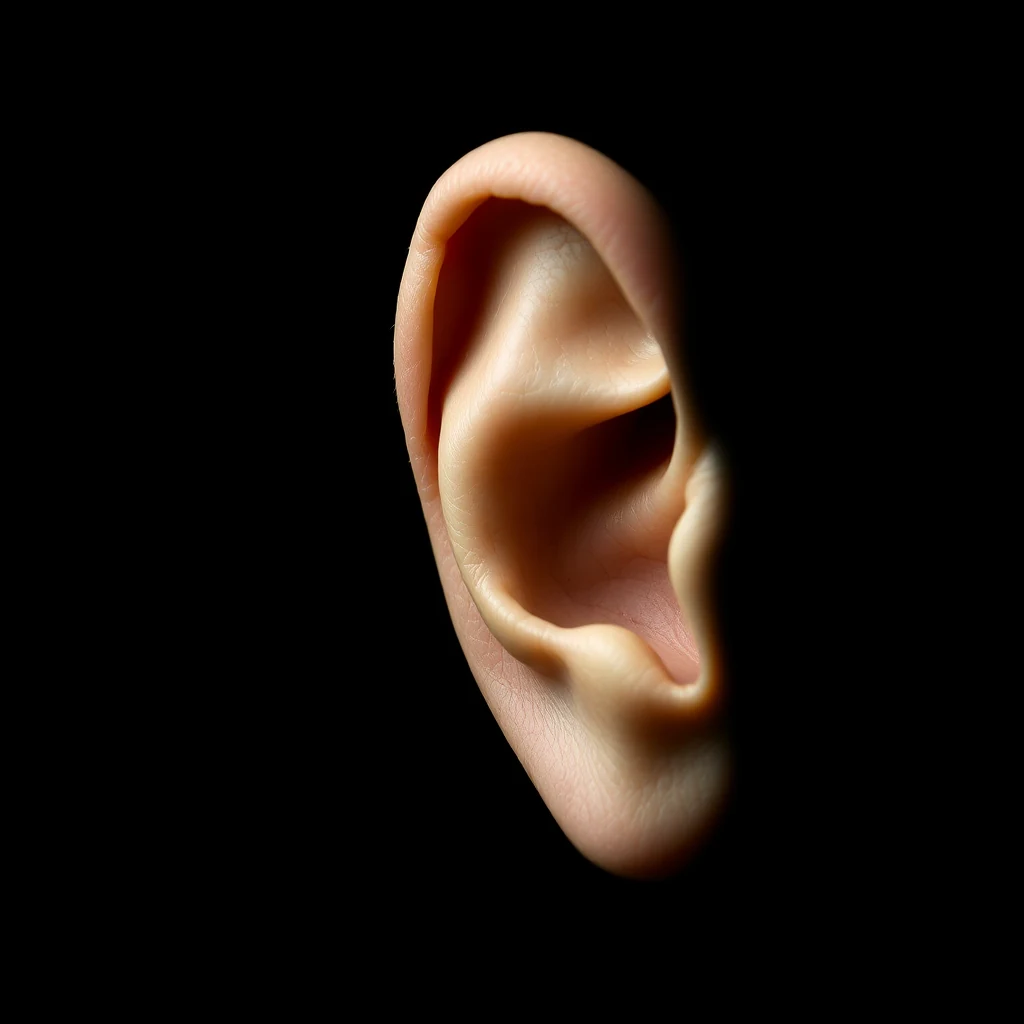 A human ear with a visible Darwin's tubercle, a small, pointed thickening on the upper rim, highlighted against a dark background.