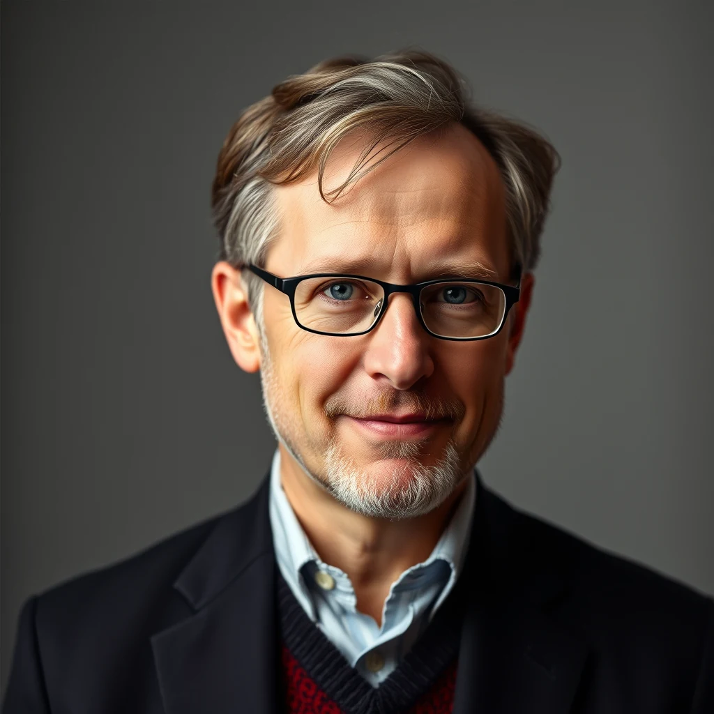 A man with short, graying hair and glasses is wearing a dark suit jacket over a light blue shirt and a red sweater vest, smiling gently against a neutral background.