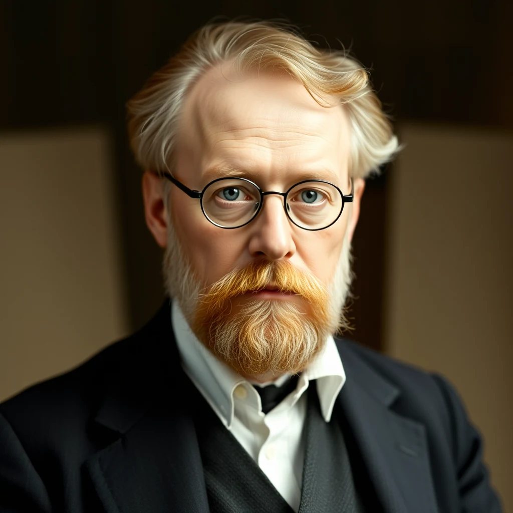 A man with light-colored hair and a beard wearing glasses and formal attire, including a suit jacket and tie, stands against a neutral background.