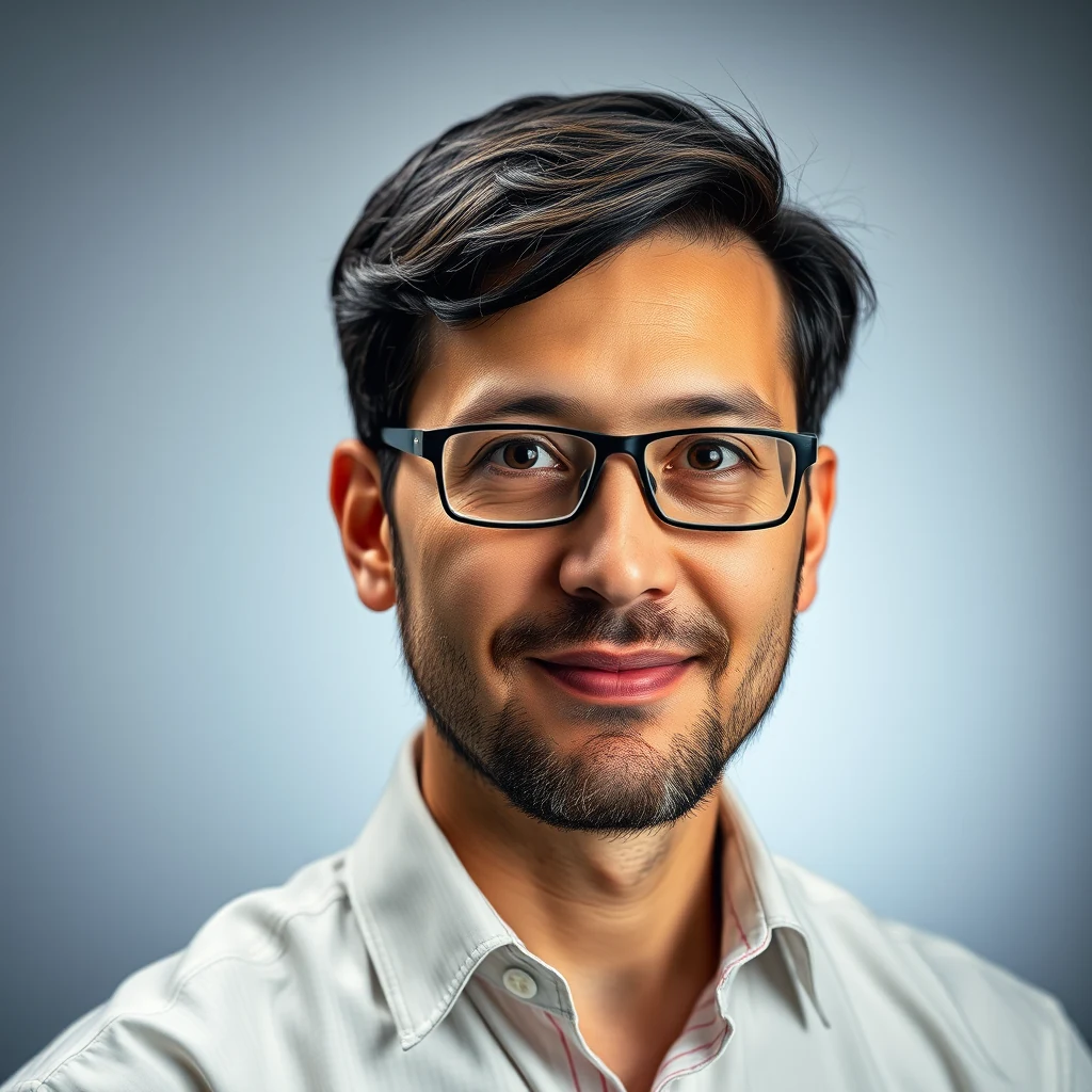 A man with short dark hair and glasses is wearing a light-colored shirt and smiling.