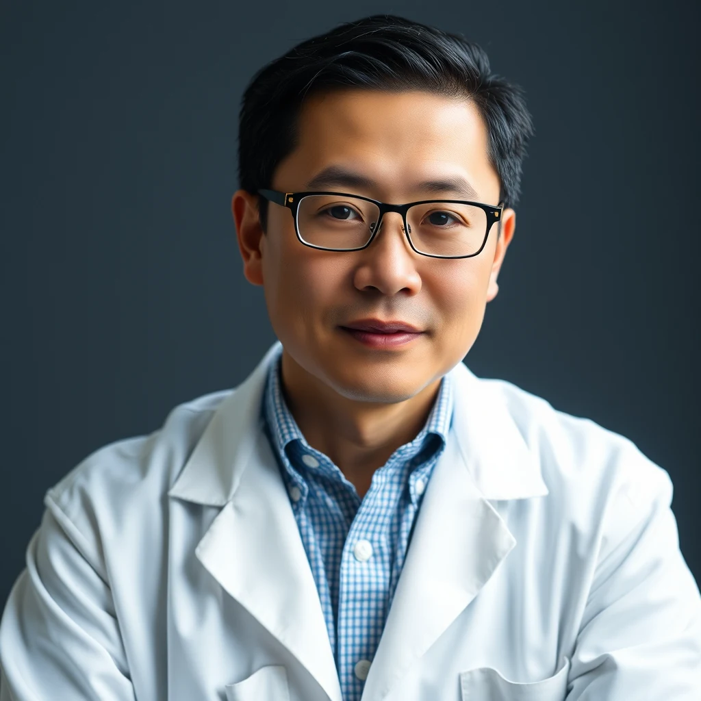 A man wearing glasses and a white lab coat over a blue checkered shirt stands against a dark background.