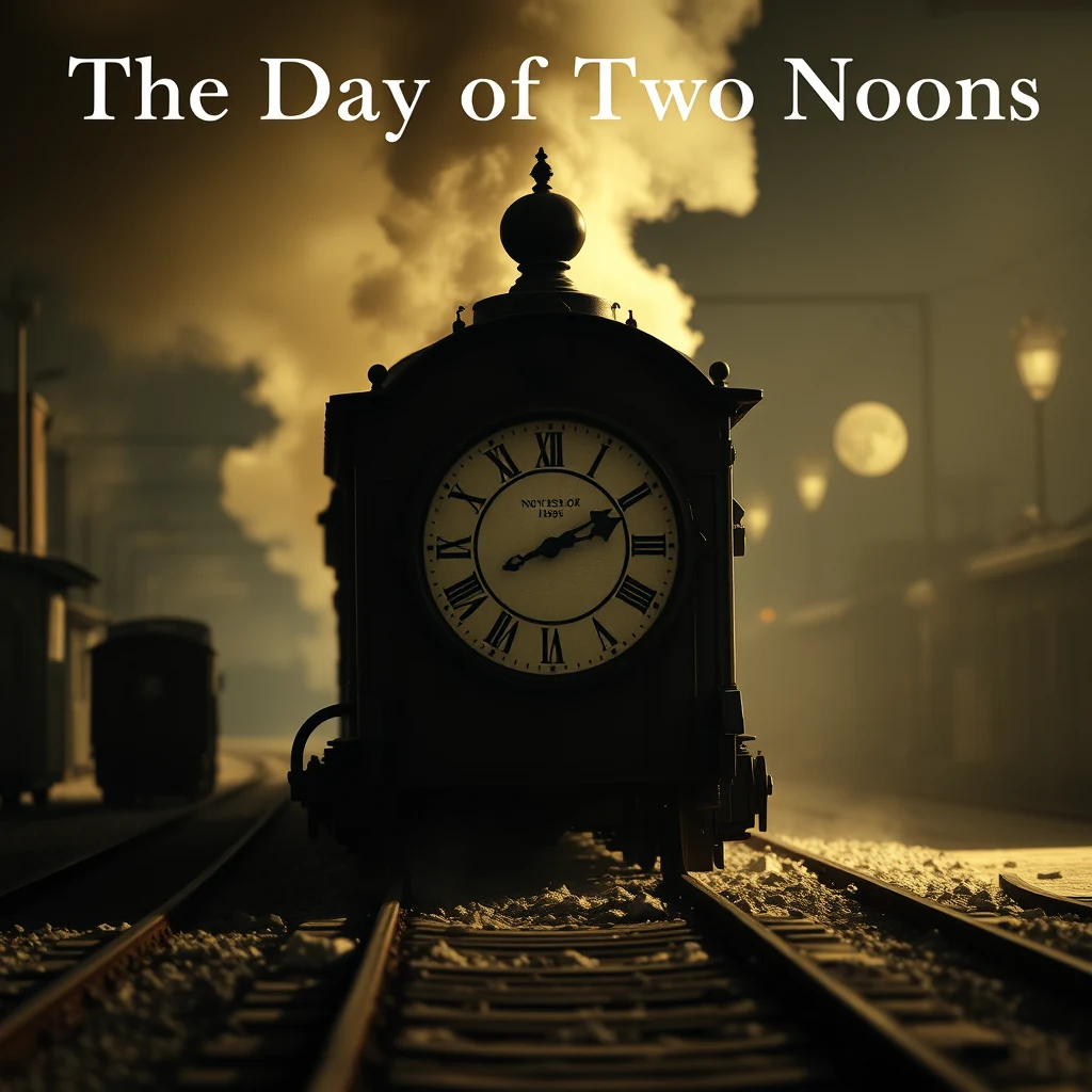 A clock火车头在铁轨上，背景中升起蒸汽和朦胧的月光，标题为"The Day of Two Noons"。