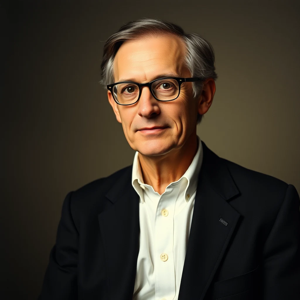 A man with gray hair and glasses wears a dark suit jacket over a white shirt with gold buttons, set against a neutral background.