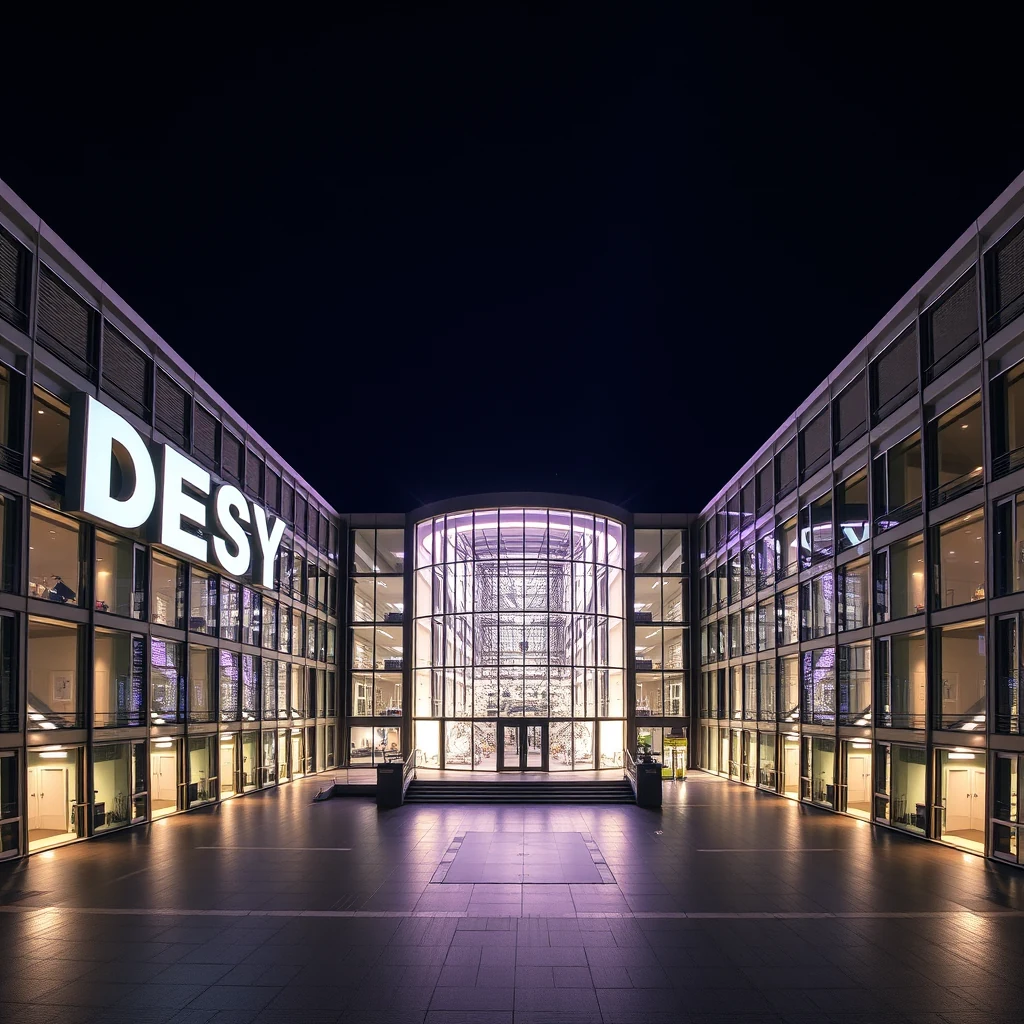 A modern building with the illuminated sign "DESY" stands at night, featuring large glass windows and a central circular structure, symbolizing the Deutsches Elektronen-Synchrotron, a renowned particle-physics and photon-science laboratory in Hamburg.