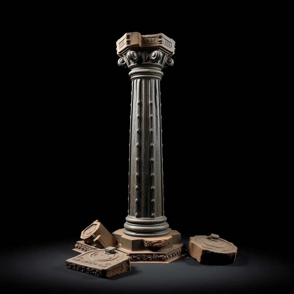 A broken wrought-iron column stands on a pedestal, with its top section intact while the base and lower sections lie fragmented around it, set against a dark background.