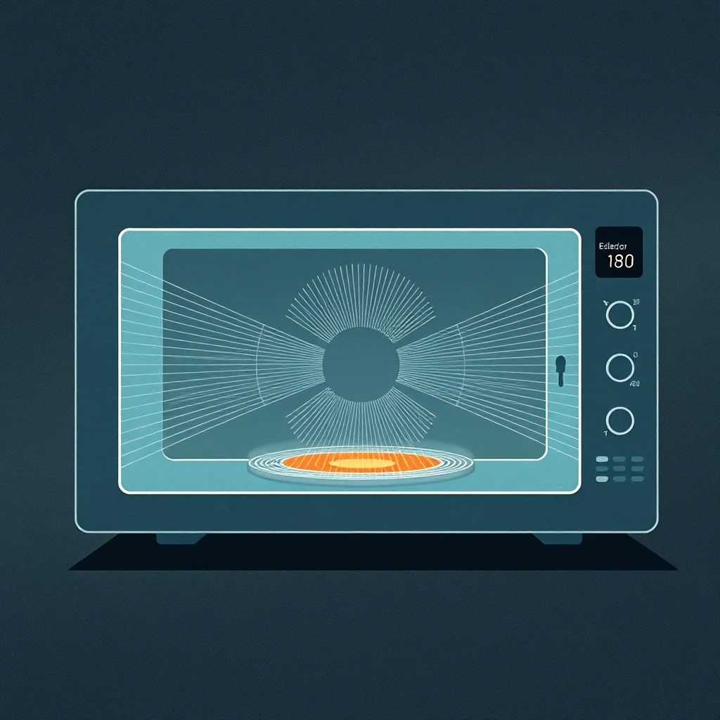 A microwave oven with an illuminated interior shows the dielectric heating process, where an oscillating electromagnetic field causes polar molecules in food to rotate rapidly, generating heat through friction.