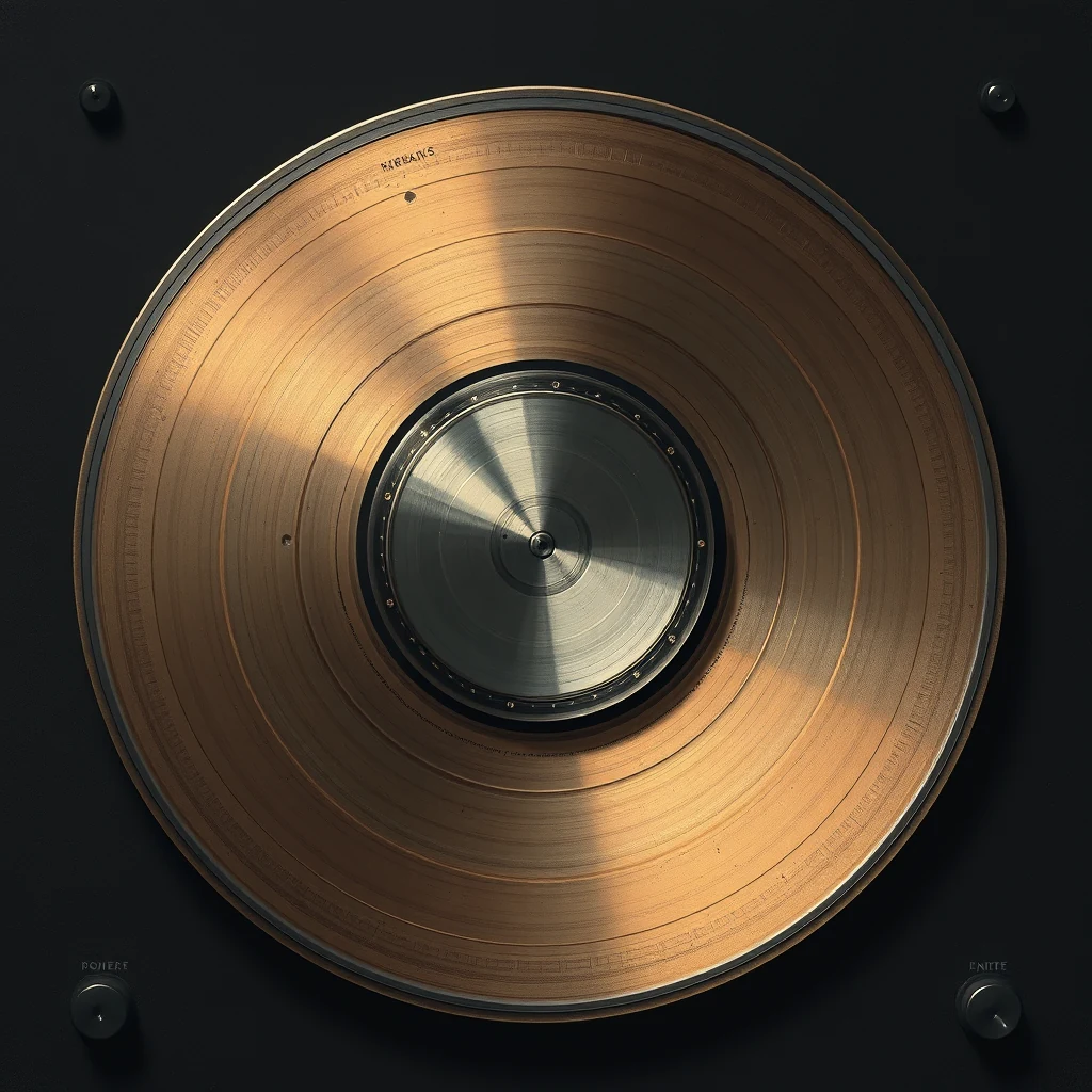 A golden metal disc with concentric grooves and a central metallic hub is shown, representing Direct Metal Mastering, an analogue audio disc cutting technique developed by Neumann and Teldec.