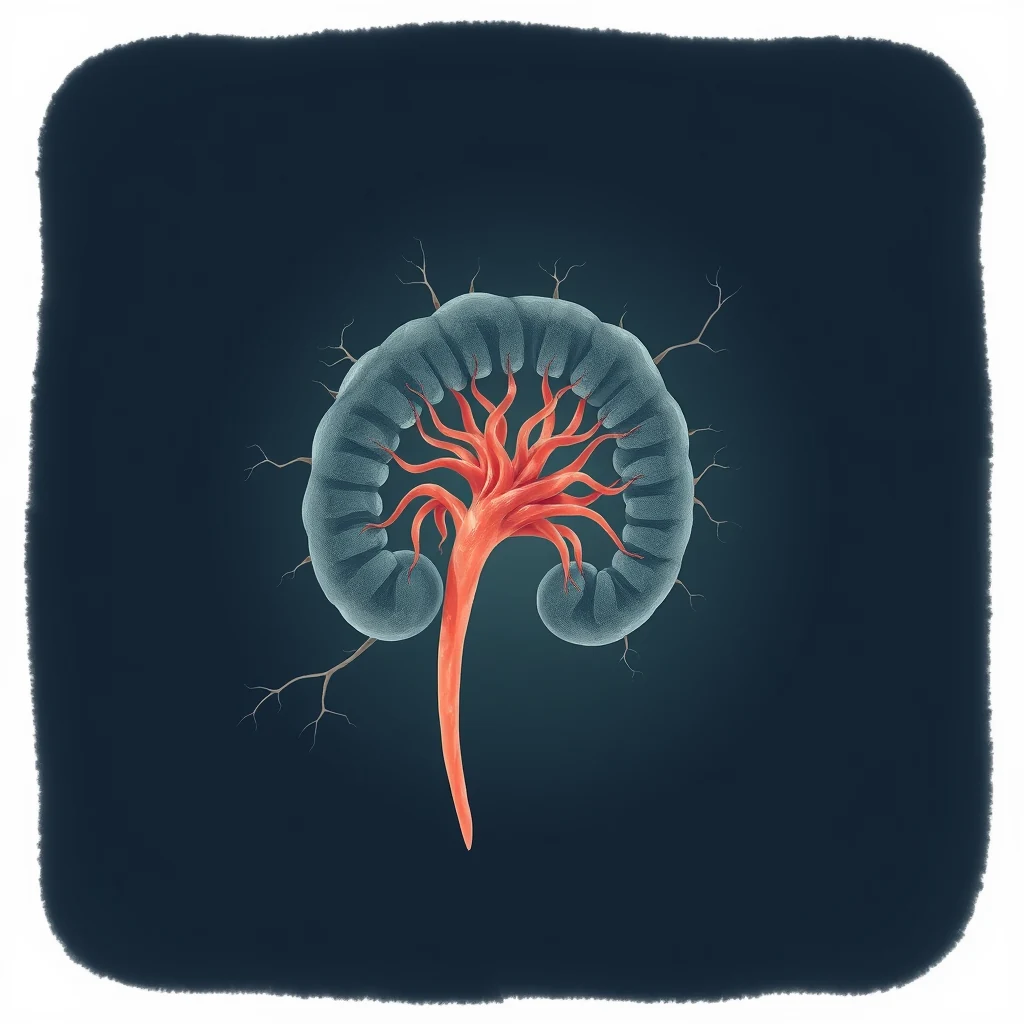 A cross-section of a distal convoluted tubule, showing its coiled structure with a central red vascular network extending from it.